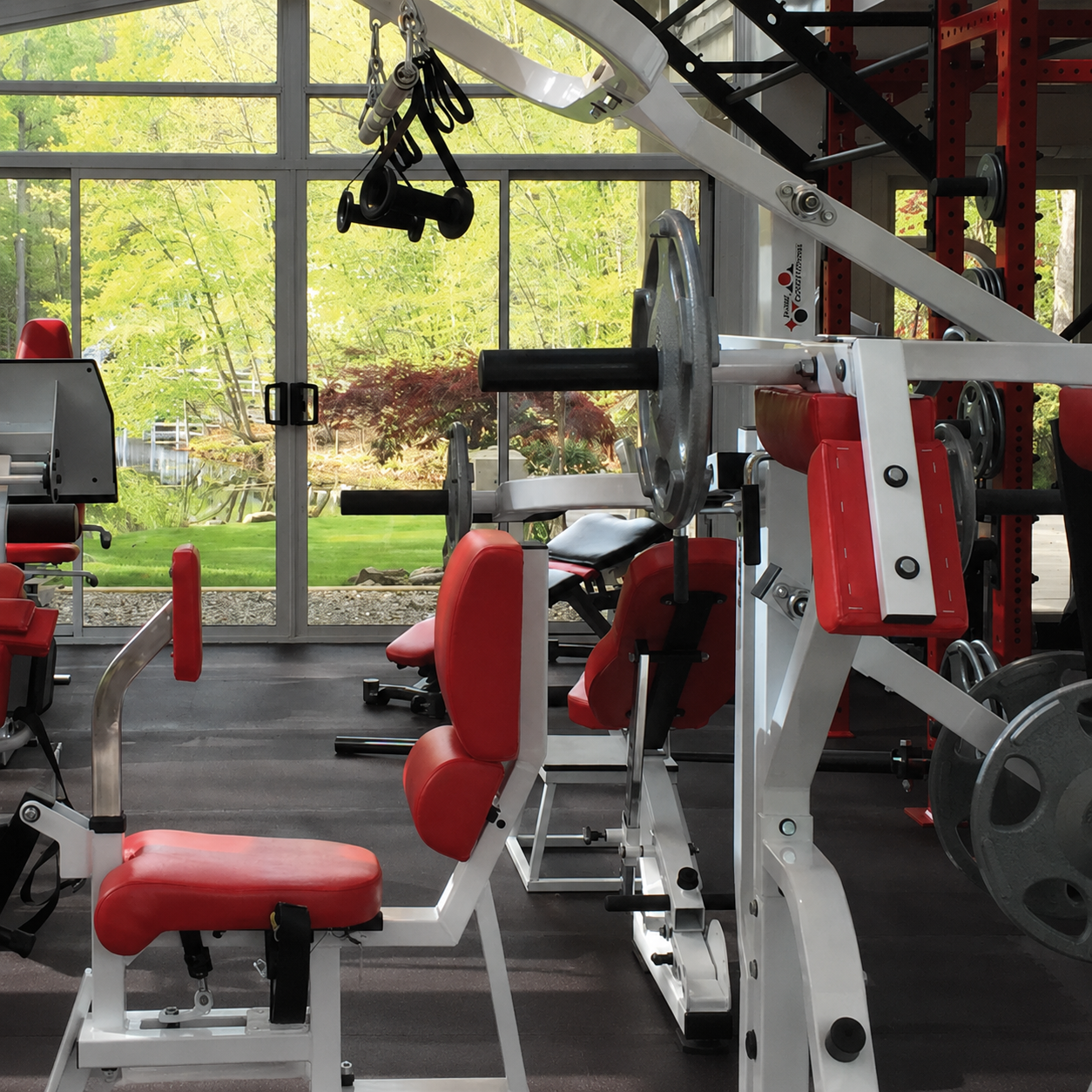 Personal training gym at Pure Conditioning at the Solarium in Stamford CT with custom strength equipment and floor-to-ceiling windows