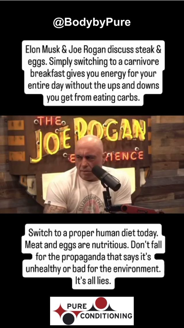 Elon Musk & Joe Rogan discuss steak & eggs. Simply switching to a carnivore breakfast gives you energy for your entire day without the ups and downs you get from eating carbs.  Switch to a proper human diet today. Meat and eggs are nutritious. Don't fall for the propaganda that says it's unhealthy or bad for the environment.  Switch to a carnivore breakfast today and you will have smooth, even, endless energy all day. It's a simple switch that makes a HUGE difference.  Shout out to Jordan Peterson who may have convinced Elon to go carnivore.  Elon definitely looks less puffy and leaner. Good signs.

To schedule a consultation, contact Daniel today at (917) 207-8335 or Daniel@pureconditioning.com to schedule a consultation.

#Carnivore #ElonMusk #JoeRogan #FitLife #WorkoutSmarter #HealthyBody #PureConditioning #PersonalTraining #MedicalMassage #ColdPlunge #FarInfaredSauna #Acupuncture #IntegratedExercise #Stamford #NewYorkCity #WorkSmarterAndHarderNotLonger #Workout #Fitness #WorkingOutIsLife #HighPerformanceOfMindAndBody #HealthStamford #HealthNewYork #Nutrition #LifeStyle #Exercise #FitnessGoals #FitLife #FitForLife #WorkoutMotivation #Biohacking