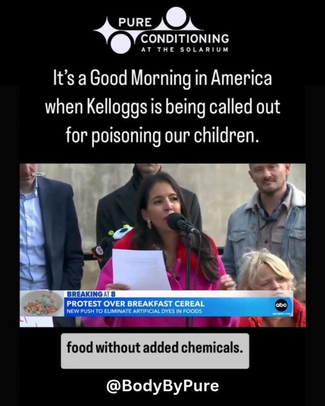 🚨 Protest Against Artificial Dyes in Cereal 🚨
Over 1,000 people gathered outside Kellogg’s Michigan headquarters to demand the removal of artificial dyes from cereals like Fruit Loops and Apple Jacks in the US. 🍽️ Demand safer ingredients in children’s food.
Artificial dyes should be removed from cereals for a healthier future! 🍀
While Kellogg switched to natural colorings in other countries, the US versions still contain harmful dyes like Red 40, Yellow 5, Yellow 6, and Blue 1, which have been 
linked to behavioral issues in children. 😳 In Canada, Fruit Loops are made with natural juices from fruits and veggies like carrots and blueberries. Why not in the US? 
California has already banned these dyes in food served in public schools, so it’s time for better food standards for all Americans, especially for our kids. 🧒

Contact Daniel at (917) 207-8335 or Daniel@pureconditioning.com to schedule a consultation! 🍏💪 

#HealthyFood #NaturalIngredients #StopArtificialDyes #KelloggProtest #FoodStandards #ChildrenHealth #SaferCereal #NaturalColoring #FoodRevolution #BetterForKids #PureConditioning #PersonalTraining #MedicalMassage #ColdPlunge #FarInfaredSauna #Acupuncture #IntegratedExercise #Stamford #NewYorkCity #WorkSmarterAndHarderNotLonger #Workout #Fitness #WorkingOutIsLife #HighPerformanceOfMindAndBody #HealthStamford #HealthNewYork #Nutrition #LifeStyle #Exercise